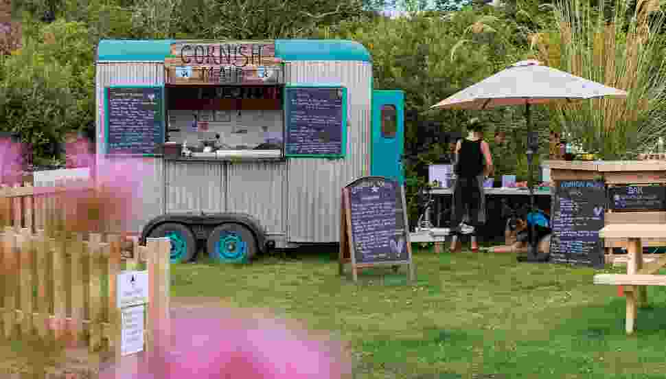 Food truck and outdoor cafe at Sun Haven Holiday Park in Mawgan Porth Cornwall